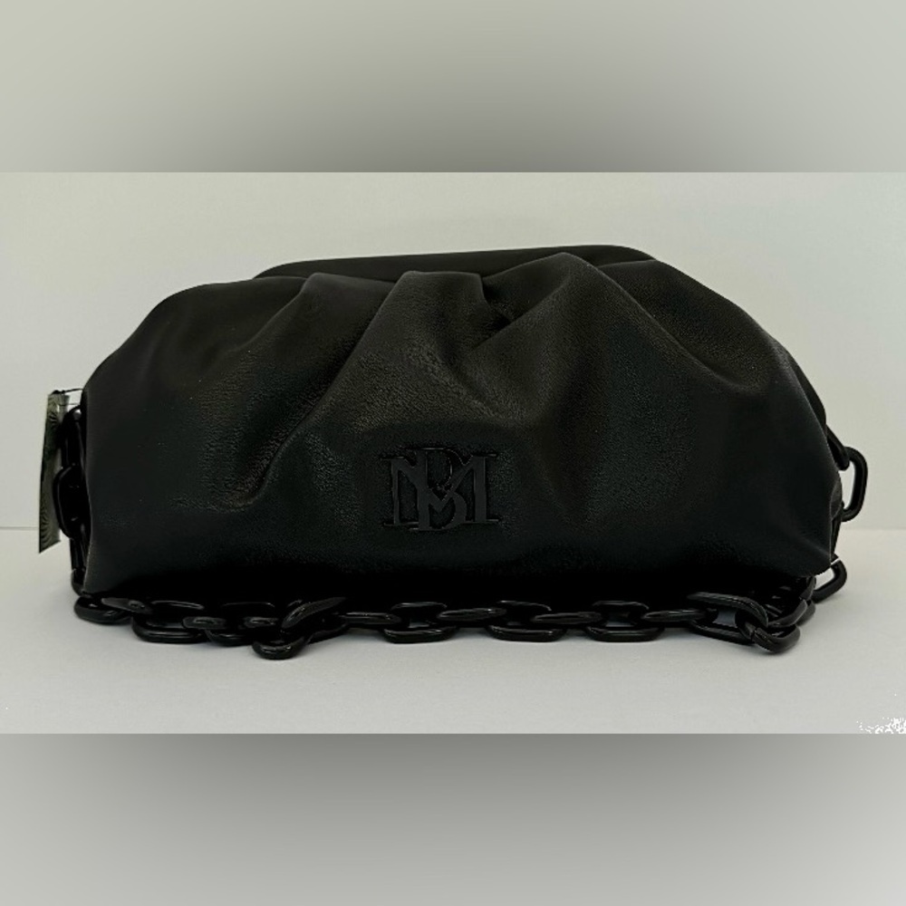 BADGLEY MISCHKA Black Ruched Clutch Chain Strap Vegan Leather NWT 🖤👜✨
